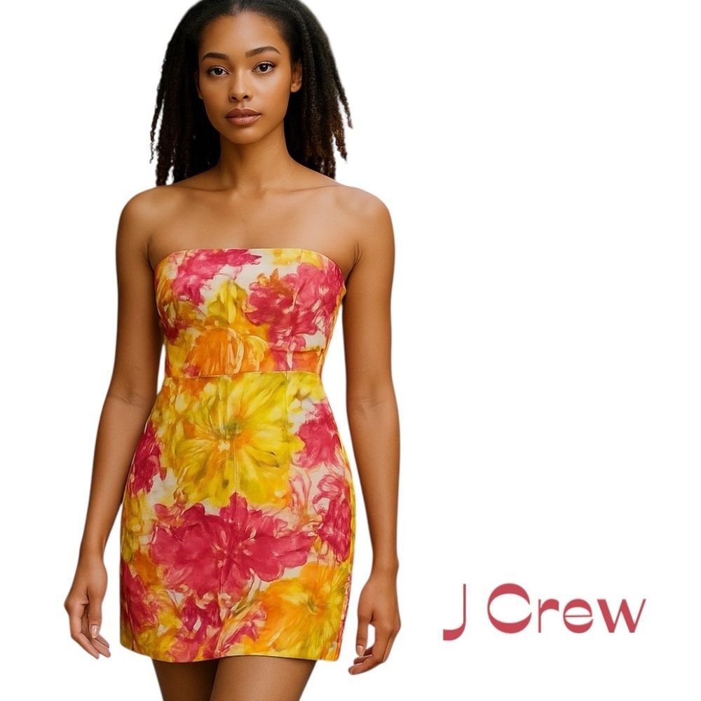 J Crew Silk Pink Yellow Strapless Tropical Vacation Dress NWOT Size 8